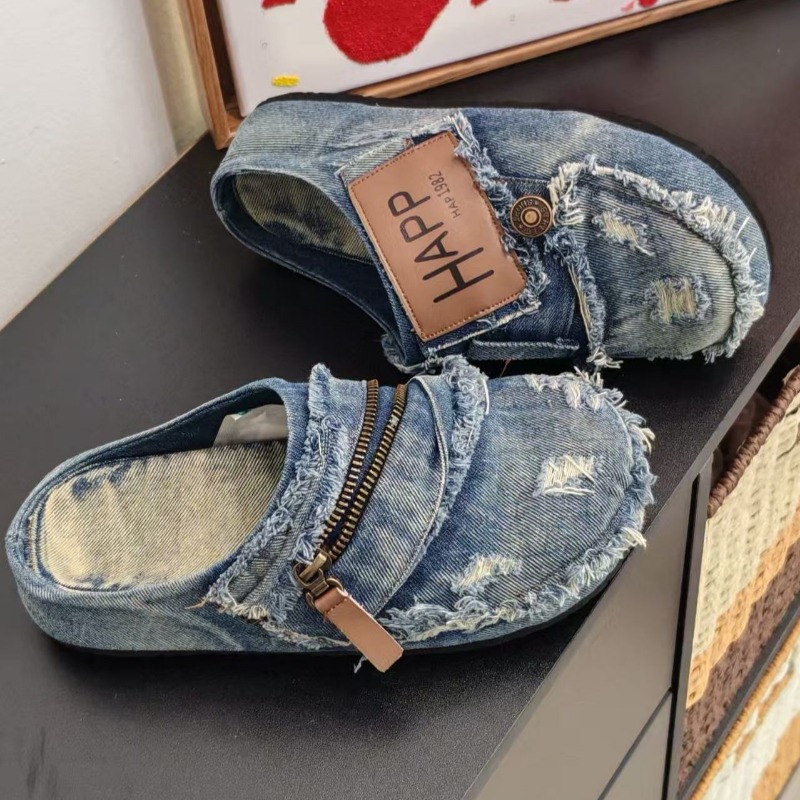 Vintage Old Fashion - Washed Denim Metal Toe Flat Heel