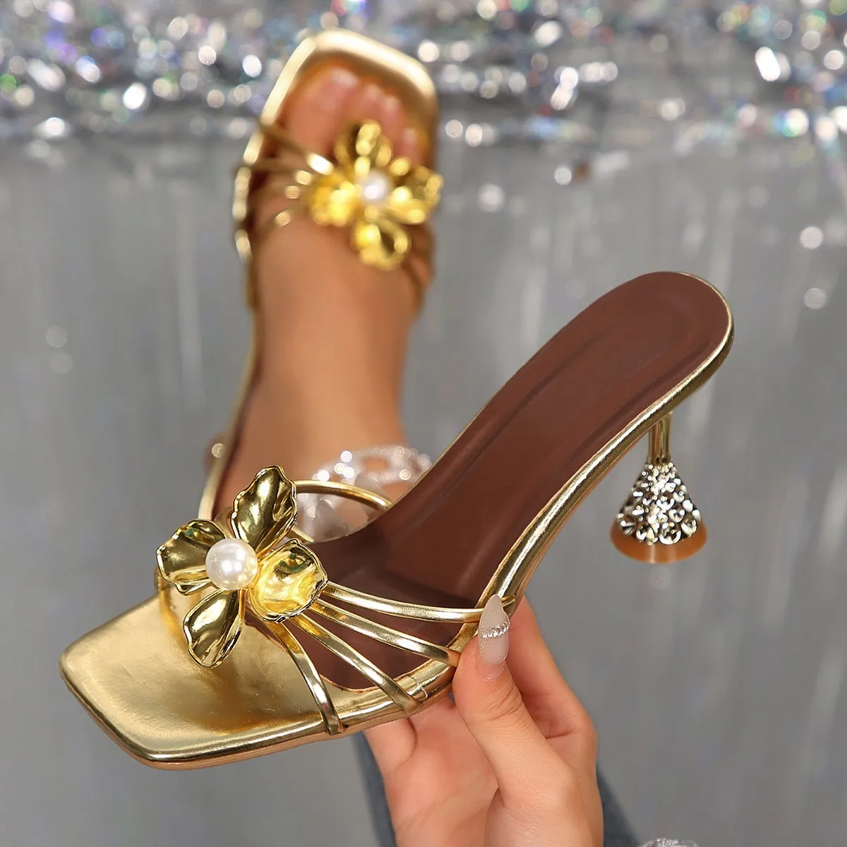 Vintage Fashion Women Dresses - Vintage Metal Flower Crystal Cone Heel